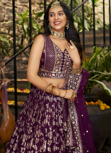 Glamorous Zari Weaving Sequence Jacquard Silk Wine Lehenga Choli Set